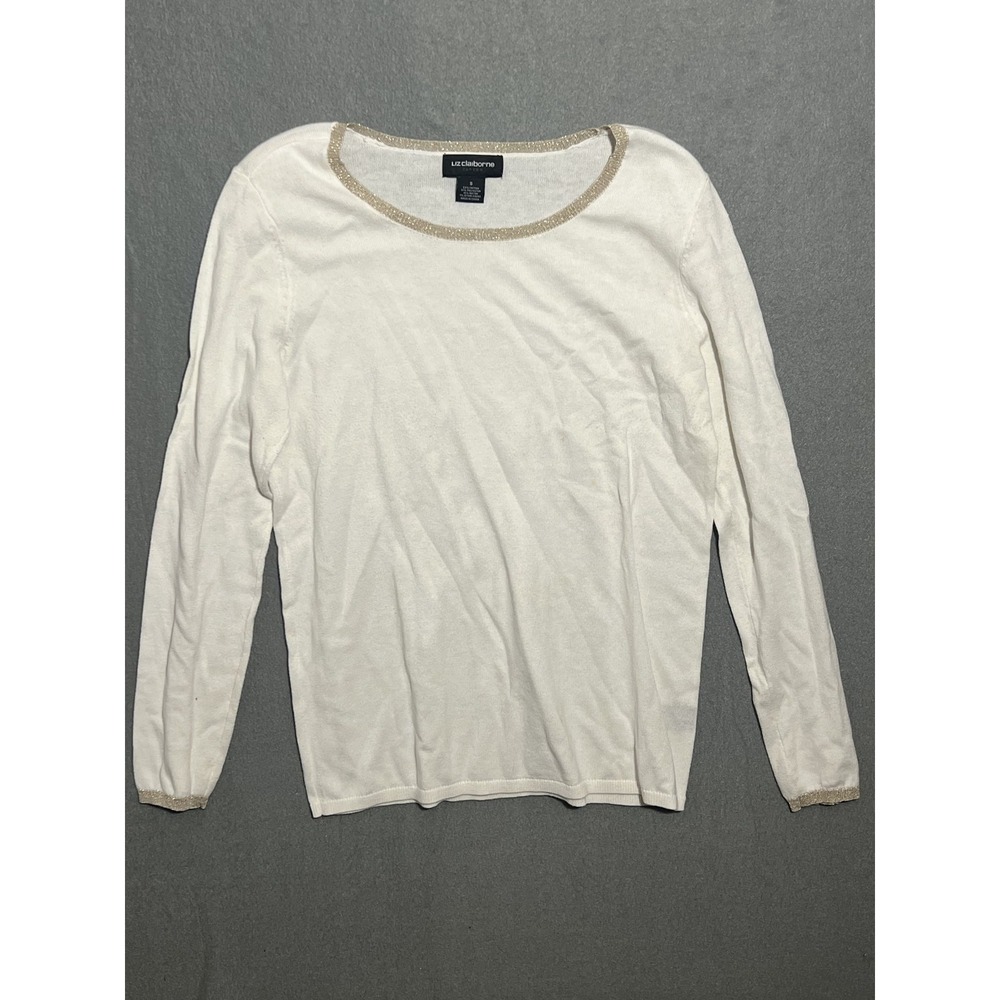 Liz Claiborne Career Women's White Gold Metallic Trim Knit Sweater S Small STAIN